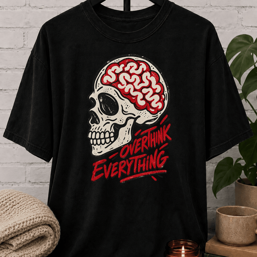 Overthink Everything skull T-shirt featuring an exposed brain illustration and bold graphic lettering, a dark humor graphic tee for overthinkers, worriers, and fans of anxious humor.