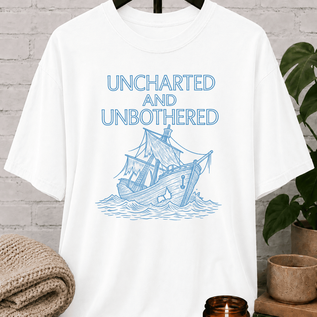 Nautical graphic T-shirt featuring a vintage sailing ship and the phrase “Uncharted and Unbothered,” a coastal graphic tee for introverts, homebodies, and lovers of ocean-inspired humor.
