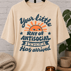 Funny antisocial T-shirt featuring an unimpressed retro sun and the phrase “Your Little Ray of Antisocial Sunshine Has Arrived,” a sarcastic graphic tee for socially selective and people-averse humor fans.