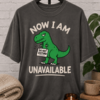 Funny dinosaur T-shirt featuring a green T-rex holding a “Do Not Disturb” sign with the phrase “Now I Am Unavailable,” a sarcastic loner graphic tee for hermits, socially unavailable types, and personal space humor fans.