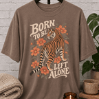 Antisocial tiger graphic T-shirt featuring a vintage floral tiger illustration and the phrase “Born to Be Left Alone,” a funny loner shirt for introverts, solitude lovers, and people who prefer their own company.