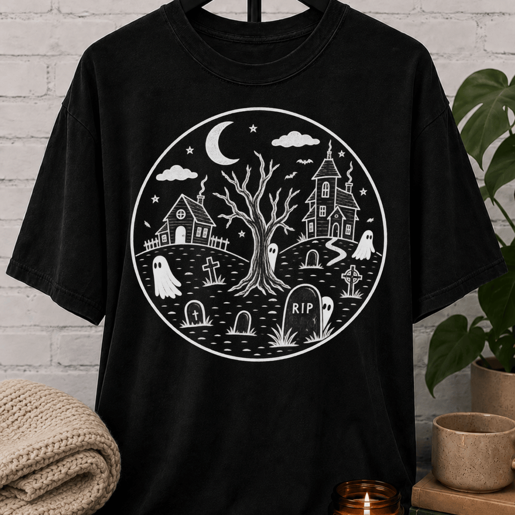 Antisocial Halloween ghost graveyard T-shirt featuring a spooky black and white haunted village scene with ghosts, tombstones, a crescent moon, bare tree, and eerie houses, a graphic tee for antisocial humor and Halloween lovers.