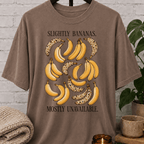 Socially unavailable banana T-shirt featuring vintage banana illustrations and the phrase “Slightly Bananas Mostly Unavailable,” a sarcastic graphic tee for loners, hermits, and people who prefer limited interaction.