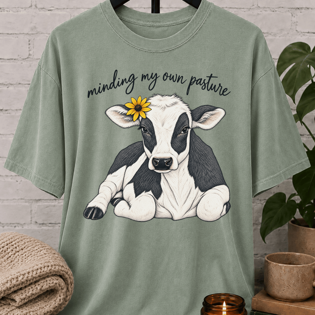 Cow graphic T-shirt featuring a black and white calf with a sunflower and the phrase “Minding My Own Pasture,” a sarcastic personal space shirt for people who keep to themselves and enjoy farm animal humor.