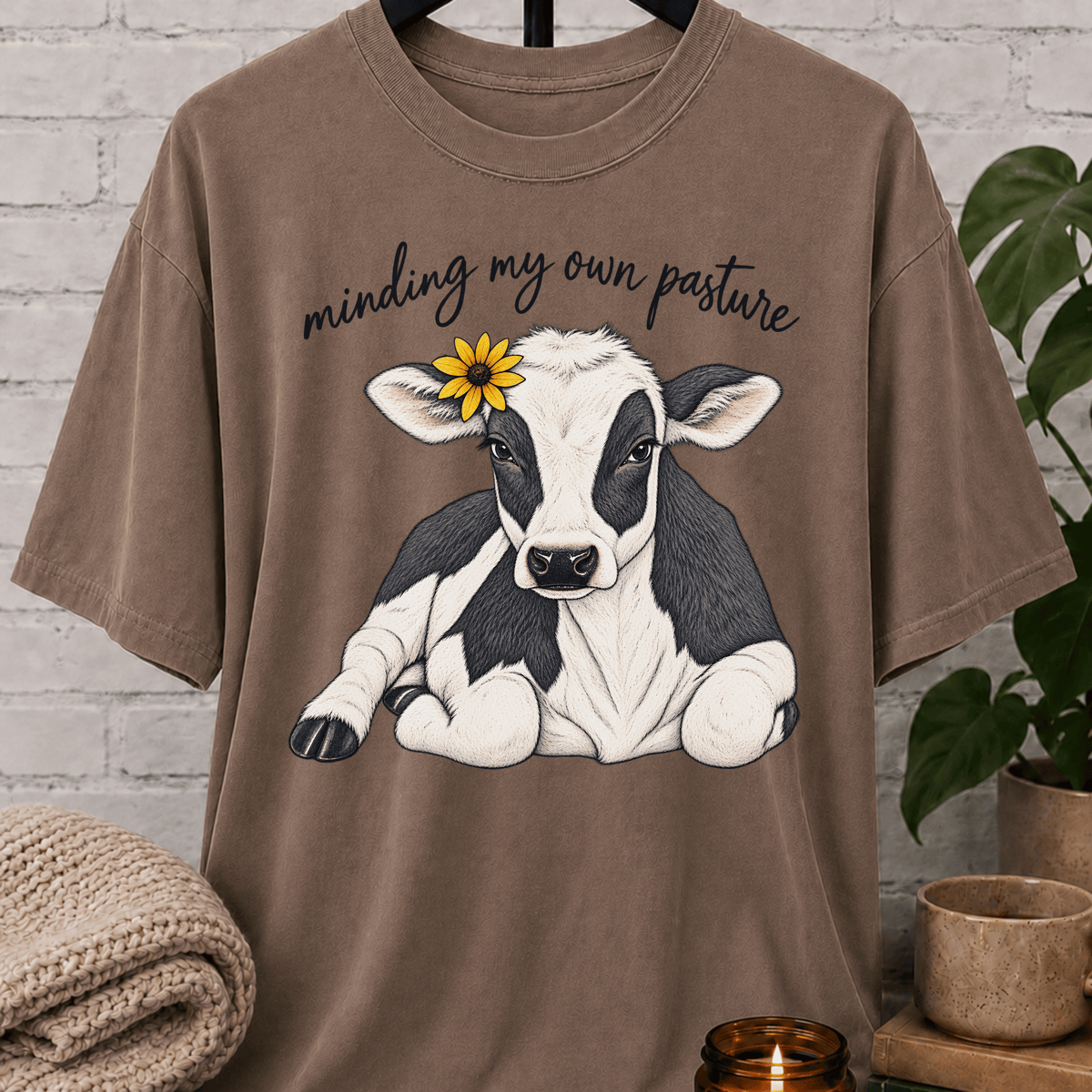 Cow graphic T-shirt featuring a black and white calf with a sunflower and the phrase “Minding My Own Pasture,” a sarcastic personal space shirt for people who keep to themselves and enjoy farm animal humor.