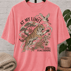 Overstimulated tiger graphic T-shirt featuring a leaping tiger with floral artwork, cranes, and the phrase “At My Limit Still Functioning,” a sarcastic graphic tee for overthinkers, overwhelmed people, and anxious humor fans.