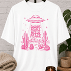 Antisocial alien UFO T-shirt featuring a pink flying saucer hovering above desert cacti with the phrase “Goodbye People Hello Peace,” a sarcastic graphic tee for loners and people who prefer solitude.