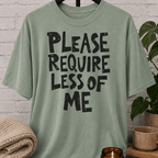 Overwhelmed humor graphic T-shirt featuring the bold phrase “Please Require Less of Me,” a sarcastic low social battery shirt for overthinkers, socially drained people, and anyone with limited bandwidth.