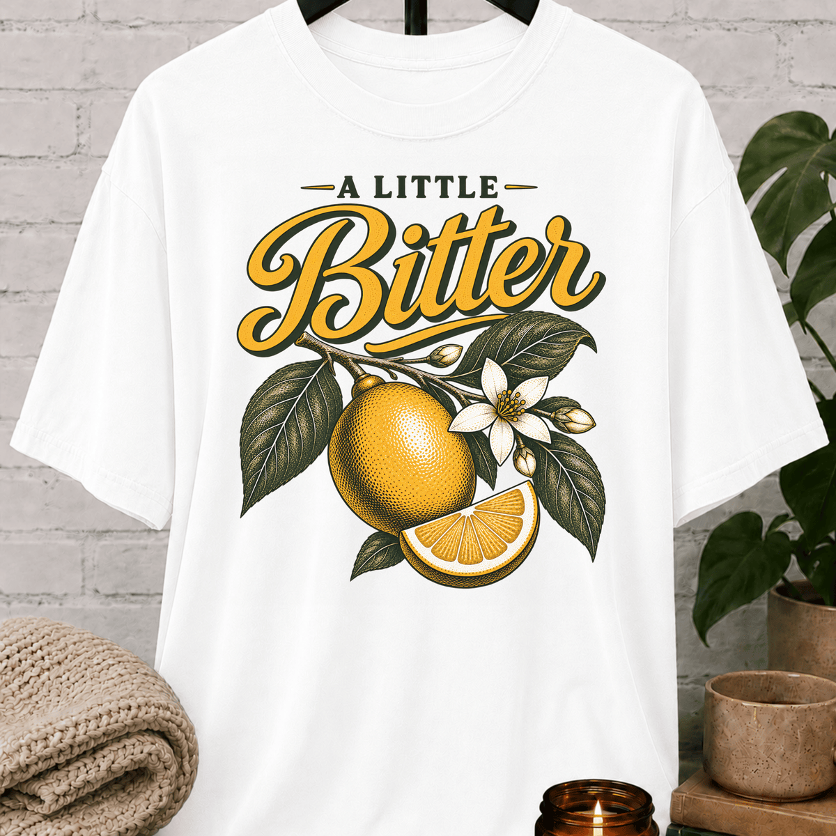 Sarcastic citrus graphic T-shirt featuring vintage citrus fruit, leafy branches, white blossoms, and the phrase “A Little Bitter,” a retro botanical shirt for socially selective people and sarcastic humor fans.