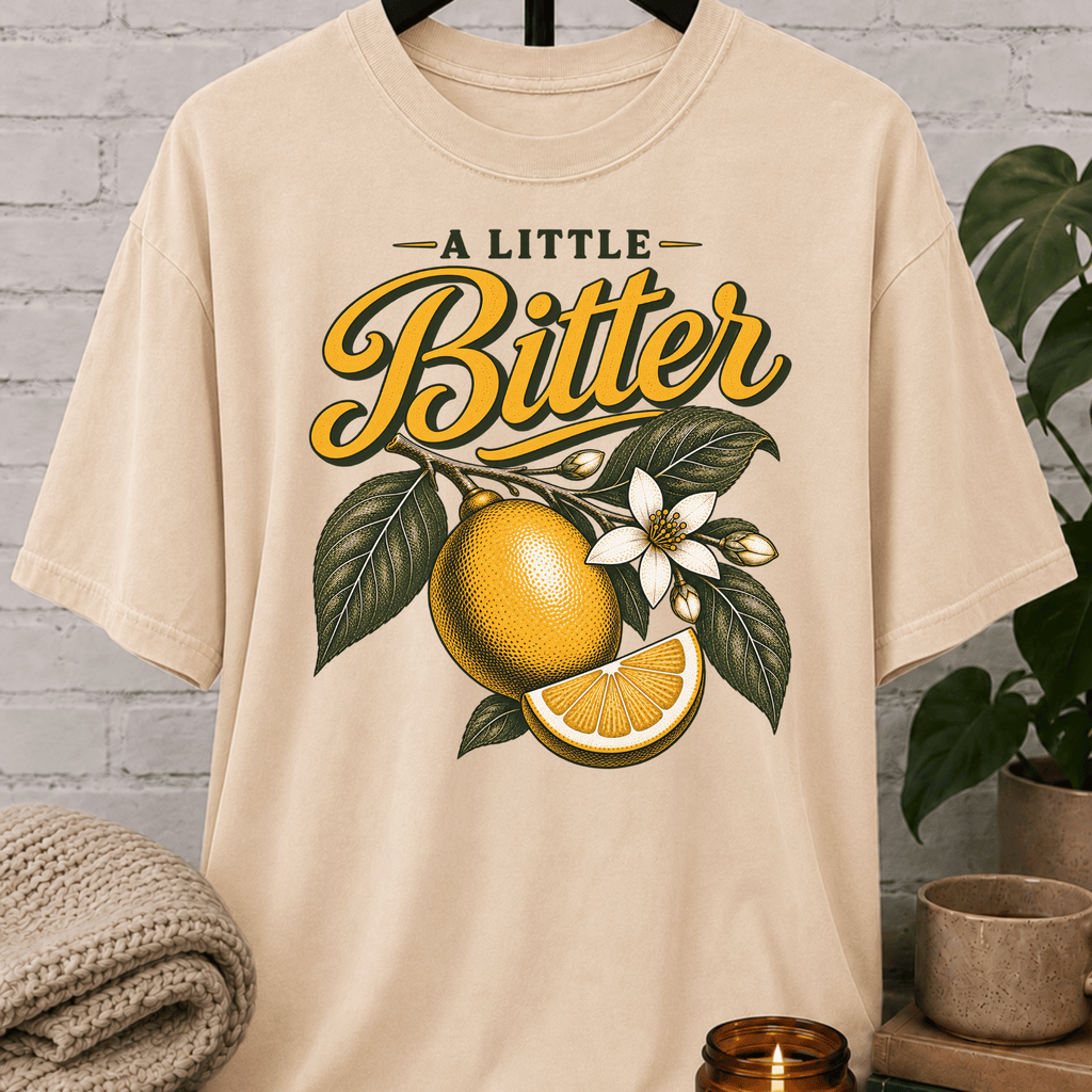 Sarcastic citrus graphic T-shirt featuring vintage citrus fruit, leafy branches, white blossoms, and the phrase “A Little Bitter,” a retro botanical shirt for socially selective people and sarcastic humor fans.