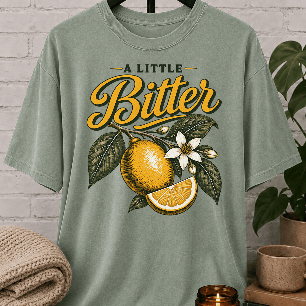 Sarcastic citrus graphic T-shirt featuring vintage citrus fruit, leafy branches, white blossoms, and the phrase “A Little Bitter,” a retro botanical shirt for socially selective people and sarcastic humor fans.