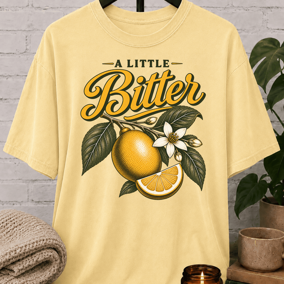 Sarcastic citrus graphic T-shirt featuring vintage citrus fruit, leafy branches, white blossoms, and the phrase “A Little Bitter,” a retro botanical shirt for socially selective people and sarcastic humor fans.