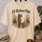 Socially selective duck graphic T-shirt featuring a duck diving into a pond with cattails and the phrase “I’d Rather Not,” a sarcastic people-avoidance shirt for loners, quiet types, and fans of staying out of unnecessary plans.