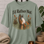 Socially selective duck graphic T-shirt featuring a duck diving into a pond with cattails and the phrase “I’d Rather Not,” a sarcastic people-avoidance shirt for loners, quiet types, and fans of staying out of unnecessary plans.