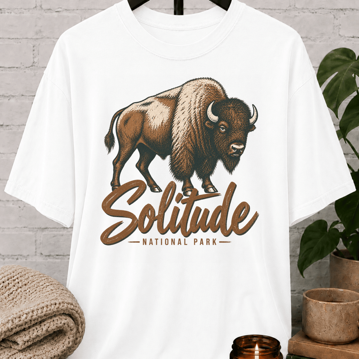 Solitude National Park bison graphic T-shirt featuring vintage American bison artwork, a national park style loner shirt for solitude lovers, outdoorsy types, and people who prefer wide-open spaces and fewer crowds.