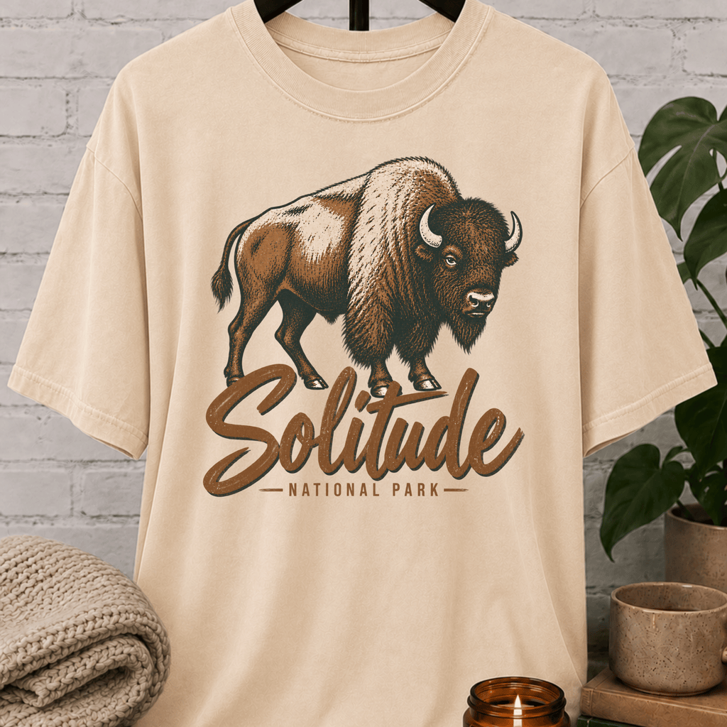 Solitude National Park bison graphic T-shirt featuring vintage American bison artwork, a national park style loner shirt for solitude lovers, outdoorsy types, and people who prefer wide-open spaces and fewer crowds.
