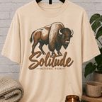 Solitude National Park bison graphic T-shirt featuring vintage American bison artwork, a national park style loner shirt for solitude lovers, outdoorsy types, and people who prefer wide-open spaces and fewer crowds.