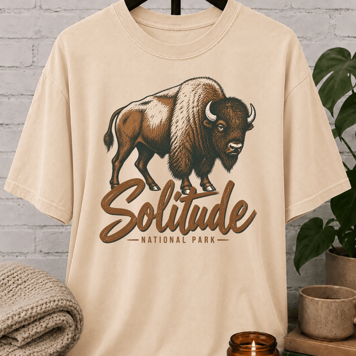 Solitude National Park bison graphic T-shirt featuring vintage American bison artwork, a national park style loner shirt for solitude lovers, outdoorsy types, and people who prefer wide-open spaces and fewer crowds.