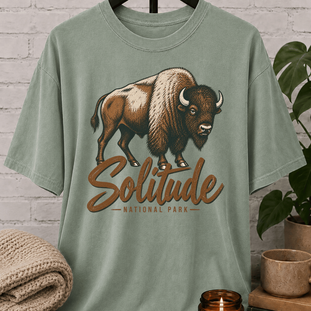 Solitude National Park bison graphic T-shirt featuring vintage American bison artwork, a national park style loner shirt for solitude lovers, outdoorsy types, and people who prefer wide-open spaces and fewer crowds.