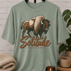 Solitude National Park bison graphic T-shirt featuring vintage American bison artwork, a national park style loner shirt for solitude lovers, outdoorsy types, and people who prefer wide-open spaces and fewer crowds.