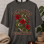 Socially awkward snake graphic T-shirt featuring a coiled green snake, red roses, and the phrase “People Skills Results May Vary,” a sarcastic graphic tee for awkward humor fans and socially selective personalities.