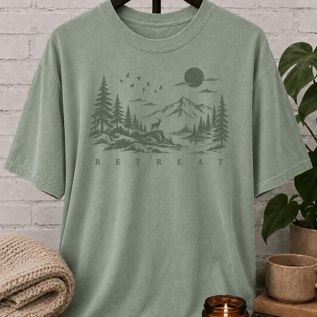 Quiet life nature graphic T-shirt featuring a mountain lake, pine trees, deer, birds, and moon with the word “Retreat,” an outdoorsy solitude shirt for people who recharge alone.