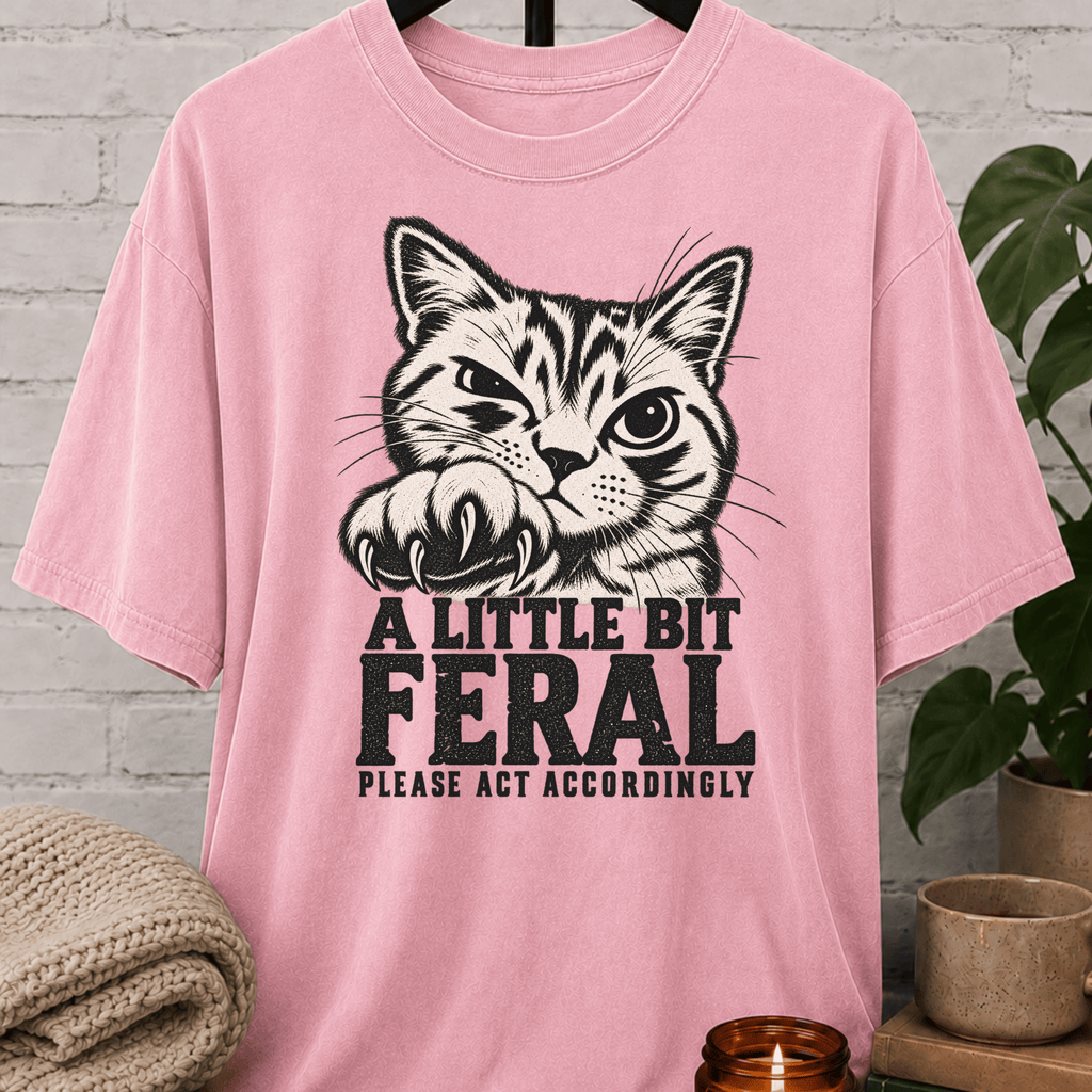 Sarcastic cat graphic T-shirt featuring a clawing tabby cat with the phrase “A Little Bit Feral Please Act Accordingly,” a funny cat lover shirt for socially selective people and antisocial humor fans.