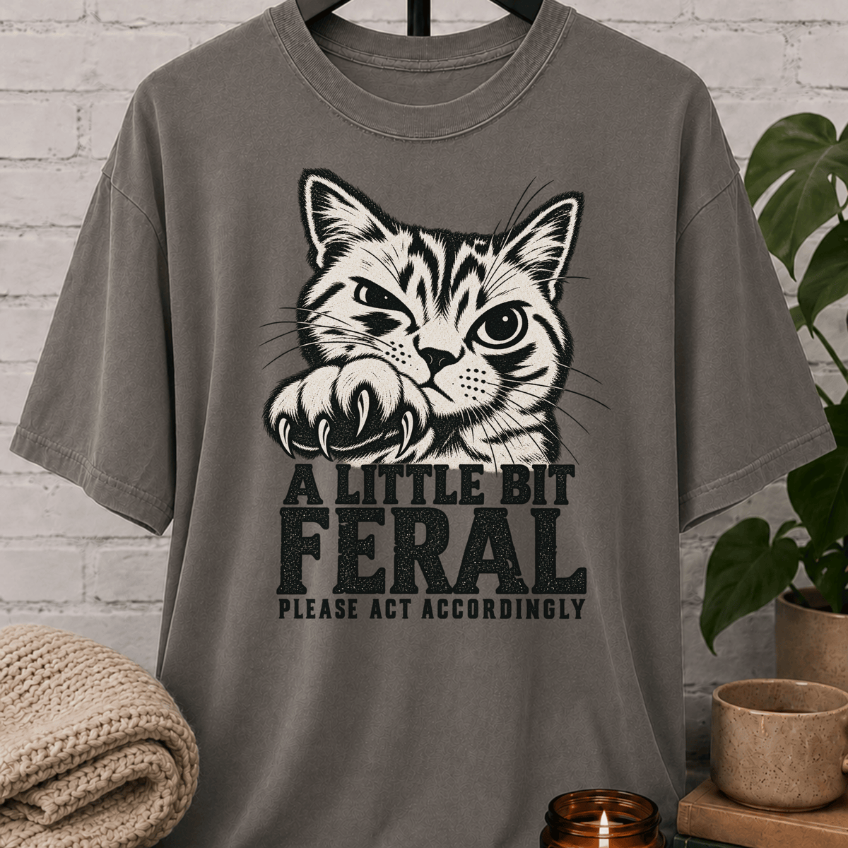 Sarcastic cat graphic T-shirt featuring a clawing tabby cat with the phrase “A Little Bit Feral Please Act Accordingly,” a funny cat lover shirt for socially selective people and antisocial humor fans.