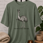 Sarcastic emu graphic T-shirt featuring a vintage emu wearing a top hat and holding a cane with the phrase “I’m Not Easily Emu-sed,” a quirky animal humor shirt for socially selective and hard-to-impress people.