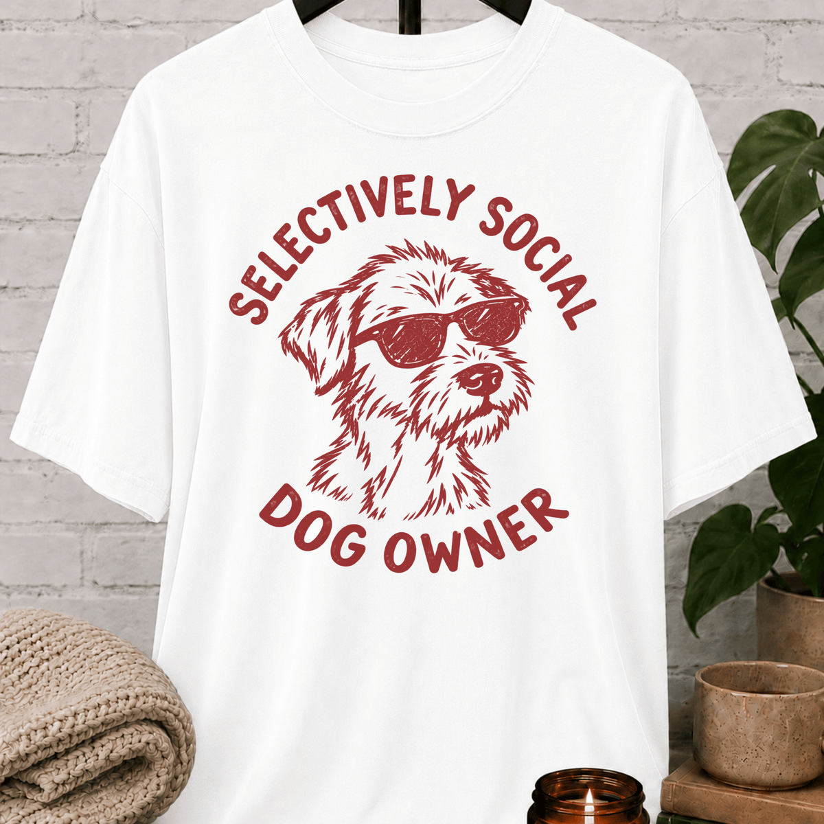 Socially selective dog owner graphic T-shirt featuring a shaggy dog wearing sunglasses, a sarcastic pet lover shirt for dog lovers who prefer limited socializing and selective company.