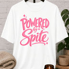 Powered by Spite graphic T-shirt featuring bold lettering and sparkle accents, a sarcastic petty humor shirt for stubborn personalities, spiteful humor fans, and people fueled by determination.