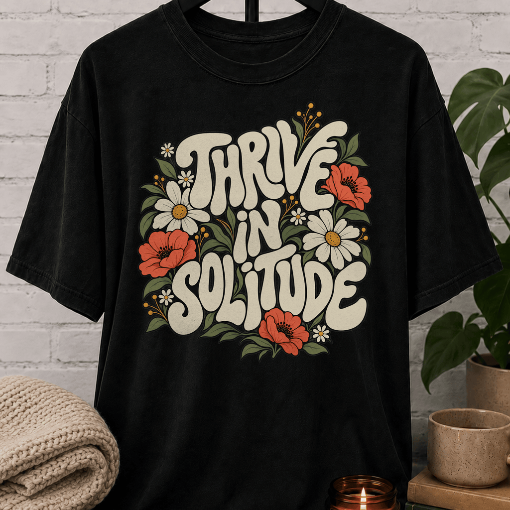 Solitude floral graphic T-shirt featuring retro daisies, poppies, leafy botanical artwork, and the phrase “Thrive in Solitude,” a loner shirt for people who enjoy alone time, quiet living, and their own company.