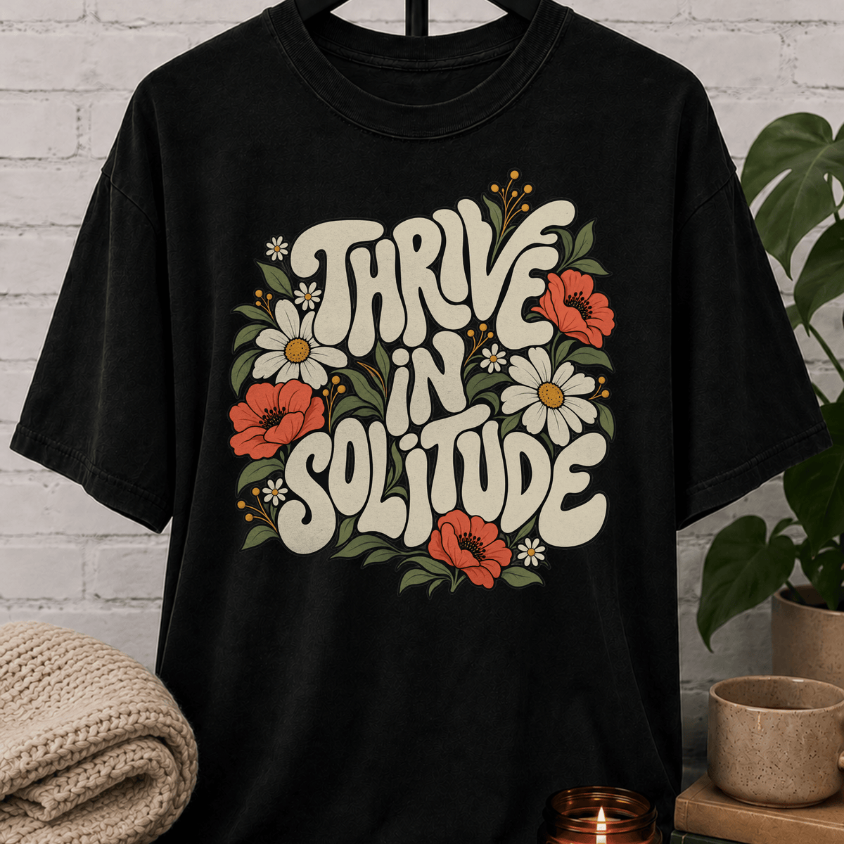 Solitude floral graphic T-shirt featuring retro daisies, poppies, leafy botanical artwork, and the phrase “Thrive in Solitude,” a loner shirt for people who enjoy alone time, quiet living, and their own company.