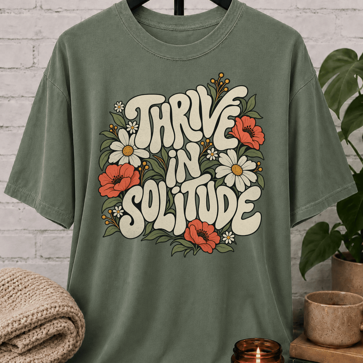 Solitude floral graphic T-shirt featuring retro daisies, poppies, leafy botanical artwork, and the phrase “Thrive in Solitude,” a loner shirt for people who enjoy alone time, quiet living, and their own company.