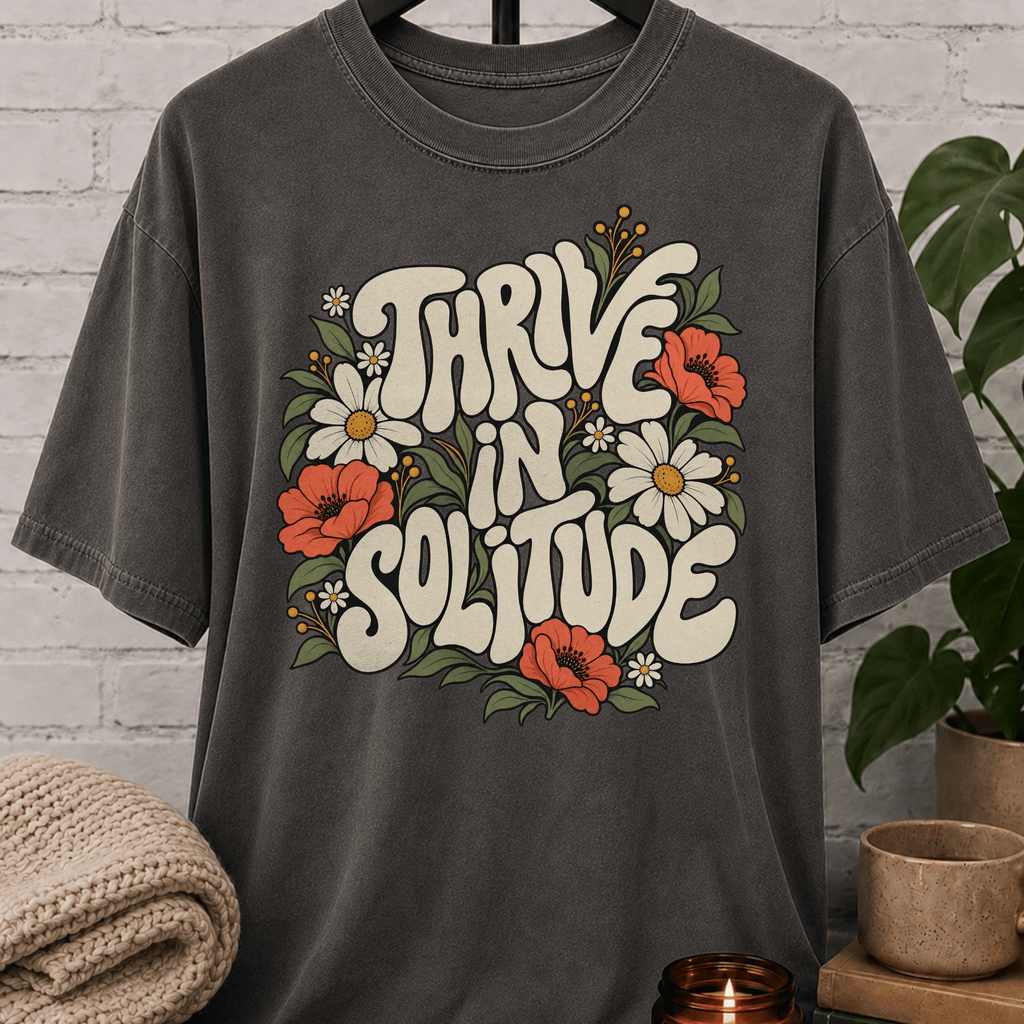 Solitude floral graphic T-shirt featuring retro daisies, poppies, leafy botanical artwork, and the phrase “Thrive in Solitude,” a loner shirt for people who enjoy alone time, quiet living, and their own company.
