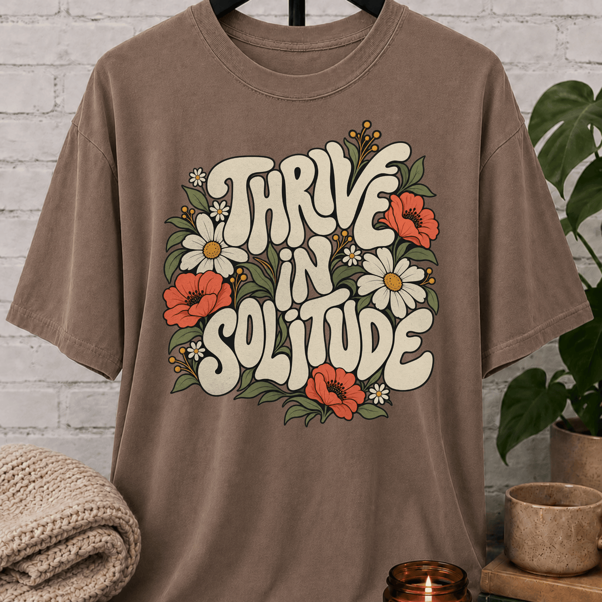 Solitude floral graphic T-shirt featuring retro daisies, poppies, leafy botanical artwork, and the phrase “Thrive in Solitude,” a loner shirt for people who enjoy alone time, quiet living, and their own company.