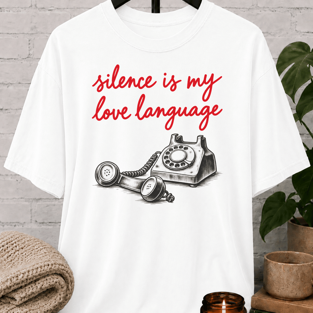 Low social battery graphic T-shirt featuring a vintage rotary telephone and the phrase “Silence Is My Love Language,” a retro solitude shirt for socially selective people and fans of less talking.