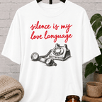 Low social battery graphic T-shirt featuring a vintage rotary telephone and the phrase “Silence Is My Love Language,” a retro solitude shirt for socially selective people and fans of less talking.