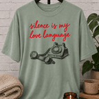 Low social battery graphic T-shirt featuring a vintage rotary telephone and the phrase “Silence Is My Love Language,” a retro solitude shirt for socially selective people and fans of less talking.