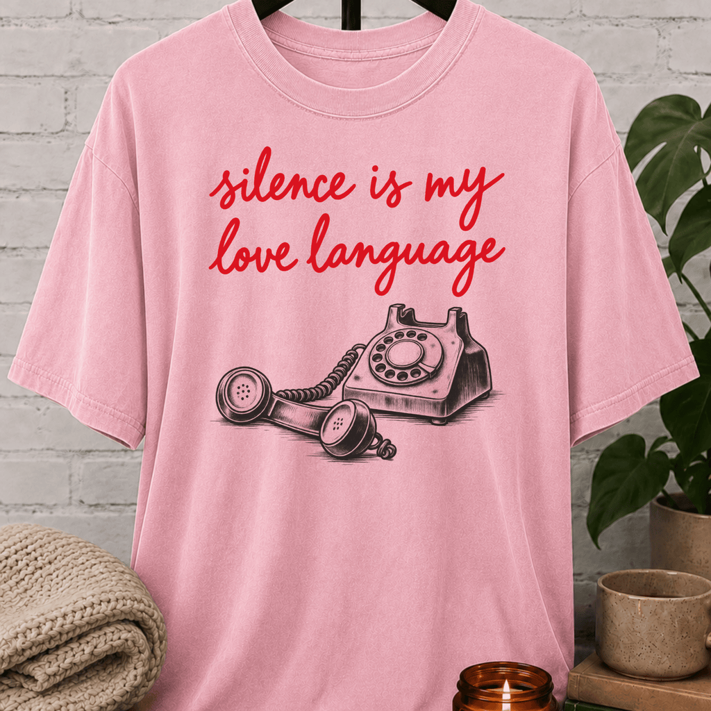 Low social battery graphic T-shirt featuring a vintage rotary telephone and the phrase “Silence Is My Love Language,” a retro solitude shirt for socially selective people and fans of less talking.