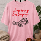 Low social battery graphic T-shirt featuring a vintage rotary telephone and the phrase “Silence Is My Love Language,” a retro solitude shirt for socially selective people and fans of less talking.