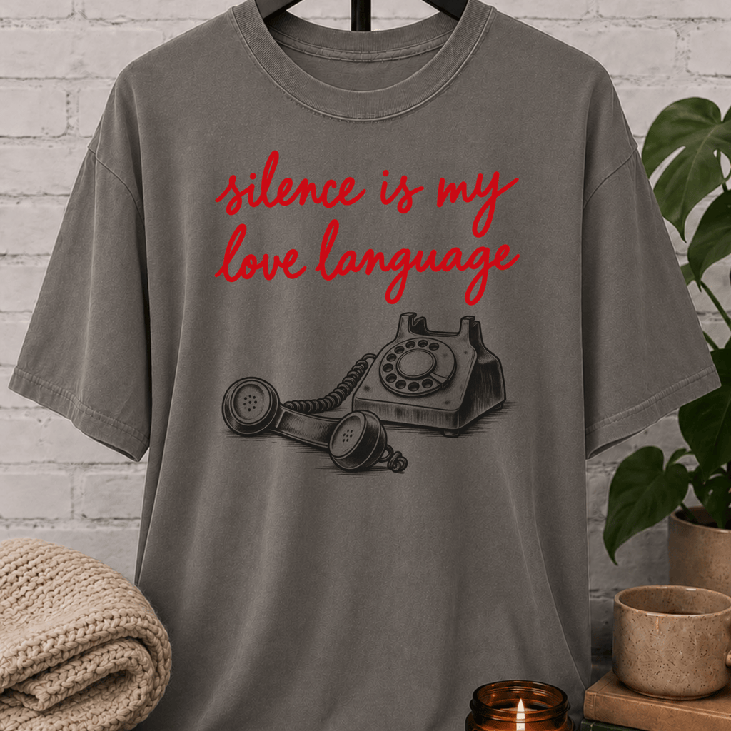 Low social battery graphic T-shirt featuring a vintage rotary telephone and the phrase “Silence Is My Love Language,” a retro solitude shirt for socially selective people and fans of less talking.