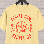 People Come People Go skull graphic T-shirt featuring a minimalist skull, roses, and arrow detail, an antisocial graphic tee for socially selective people, loners, and dark humor fans.