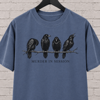 Murder in Session crow graphic T-shirt featuring four black crows perched on a branch, a dark humor raven and crow shirt for socially selective people, bird lovers, and gothic humor fans.