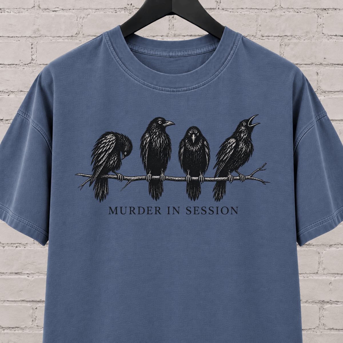 Murder in Session crow graphic T-shirt featuring four black crows perched on a branch, a dark humor raven and crow shirt for socially selective people, bird lovers, and gothic humor fans.