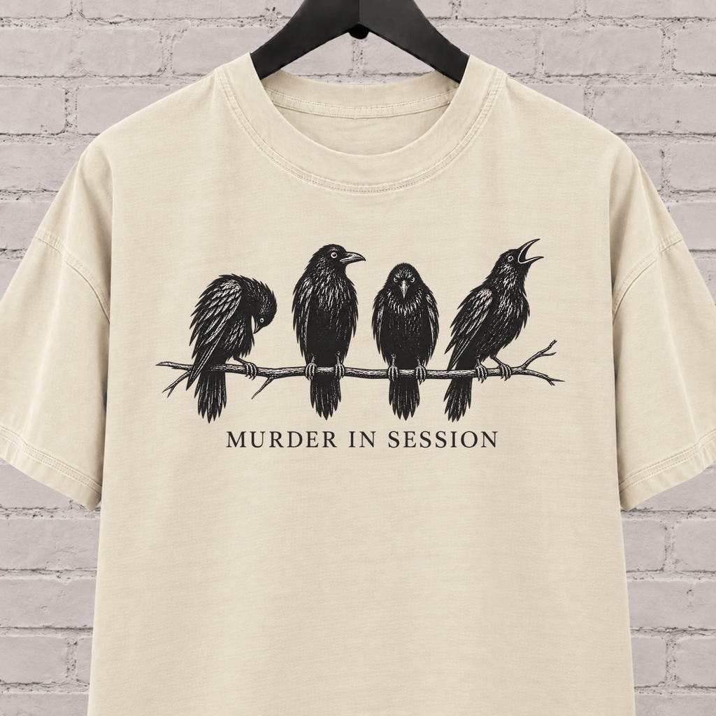 Murder in Session crow graphic T-shirt featuring four black crows perched on a branch, a dark humor raven and crow shirt for socially selective people, bird lovers, and gothic humor fans.