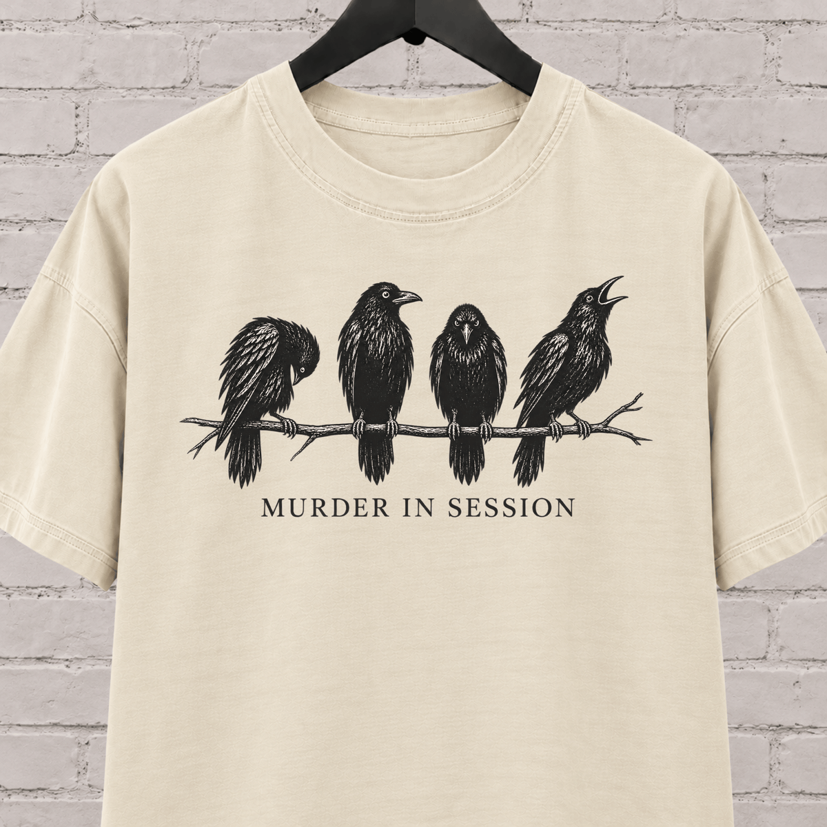 Murder in Session crow graphic T-shirt featuring four black crows perched on a branch, a dark humor raven and crow shirt for socially selective people, bird lovers, and gothic humor fans.
