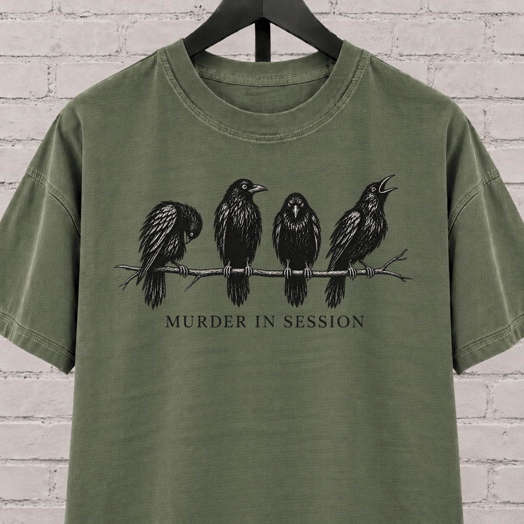 Murder in Session crow graphic T-shirt featuring four black crows perched on a branch, a dark humor raven and crow shirt for socially selective people, bird lovers, and gothic humor fans.