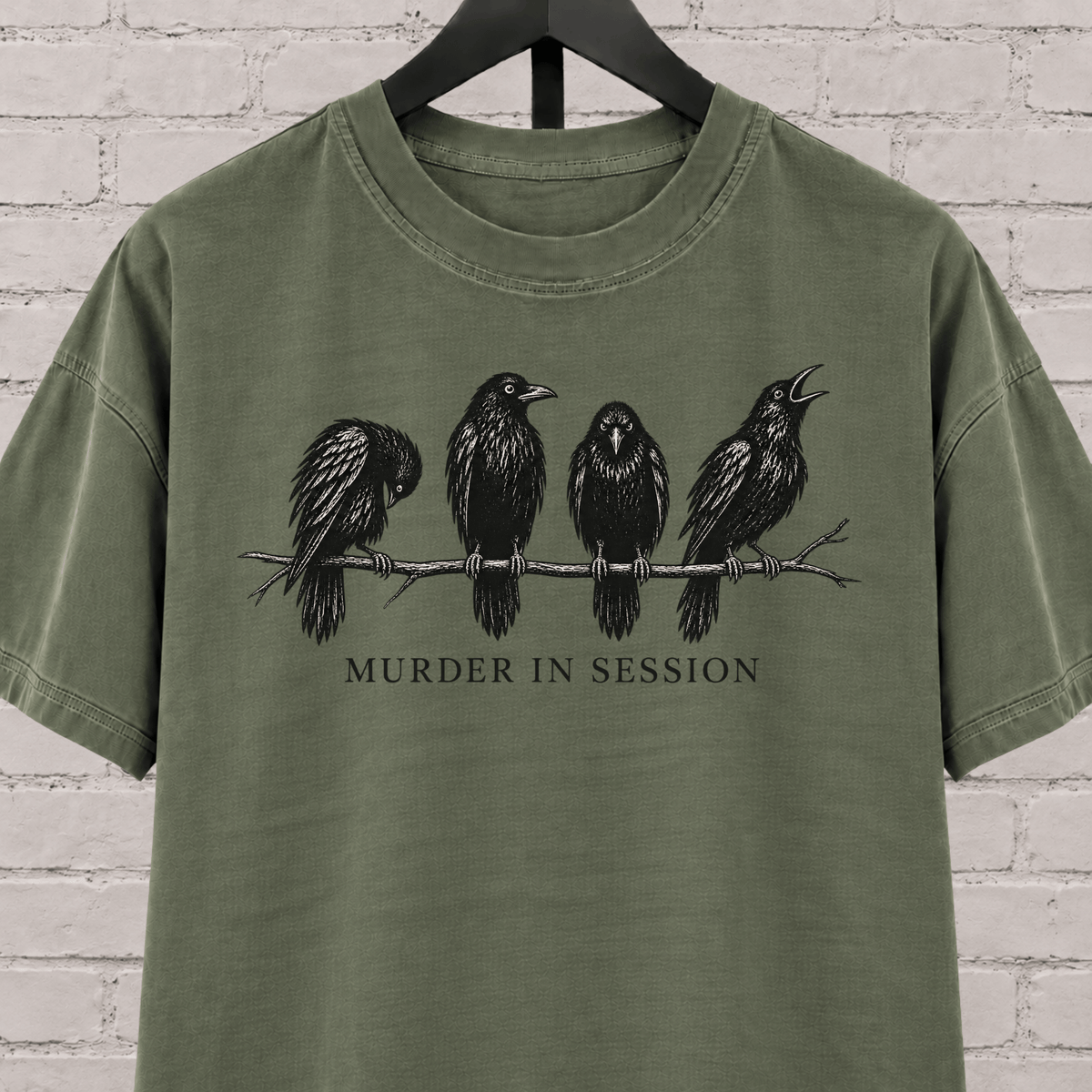 Murder in Session crow graphic T-shirt featuring four black crows perched on a branch, a dark humor raven and crow shirt for socially selective people, bird lovers, and gothic humor fans.