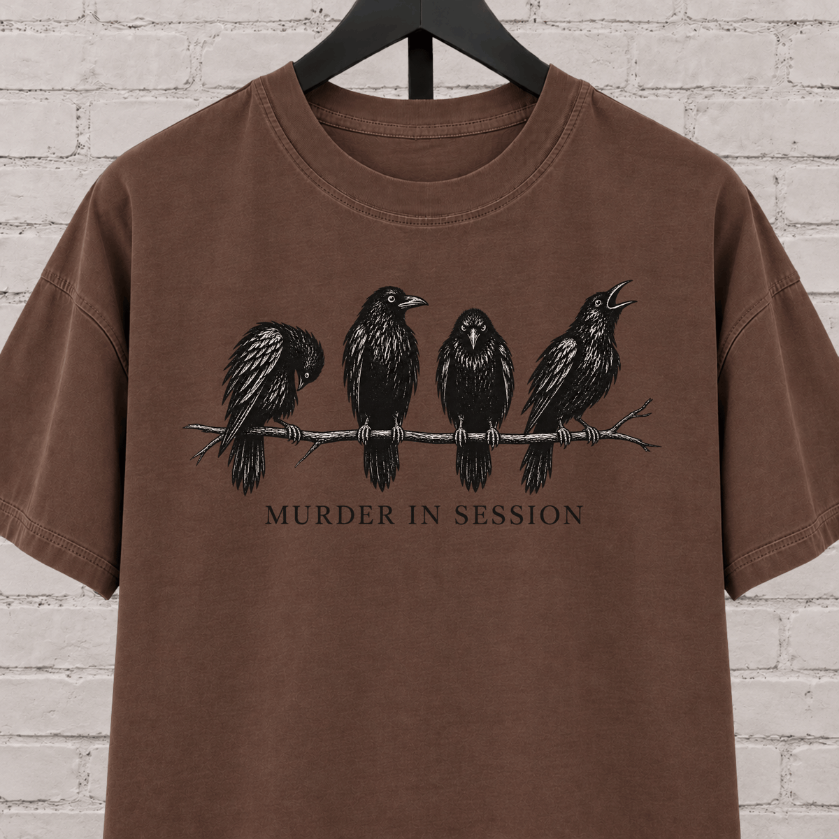 Murder in Session crow graphic T-shirt featuring four black crows perched on a branch, a dark humor raven and crow shirt for socially selective people, bird lovers, and gothic humor fans.